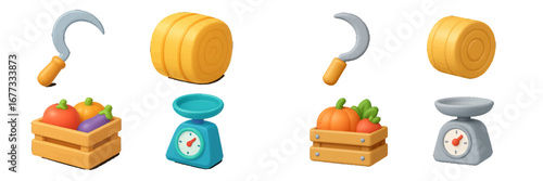 Farm produce and tools, weighing scales and sickles with fresh vegetables and hay bales. Modern 3D Icon Set