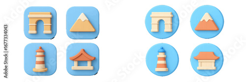Stylized 3D icons with landmarks and nature elements. Modern 3D Icon Set