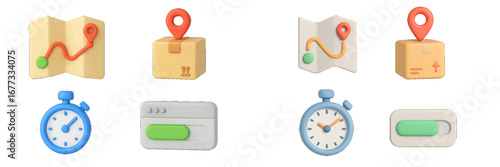 Delivery route planning with time tracking and progress monitoring icons. Modern 3D Icon Set