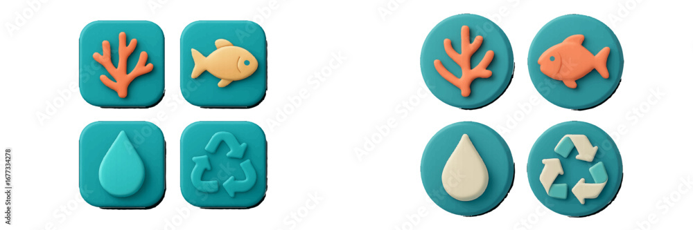 Obraz premium Marine life and recycling symbols for ocean protection. Modern 3D Icon Set