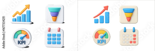Business analytics icons: growth chart, sales funnel, KPI gauge, calendar. Modern 3D Icon Set