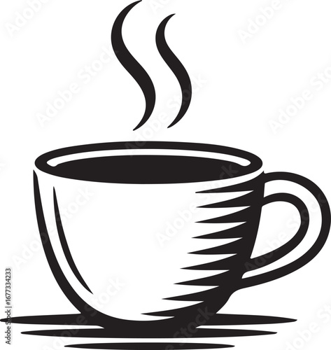 Black and white illustration of a steaming coffee cup on a saucer drink beverage