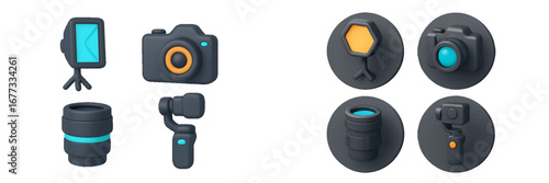 3D camera equipment and accessories for content creation. Modern 3D Icon Set