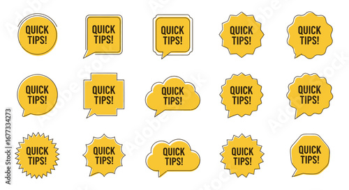 A collection of fifteen yellow speech bubbles and badges with the text "Quick Tips!" in black font.