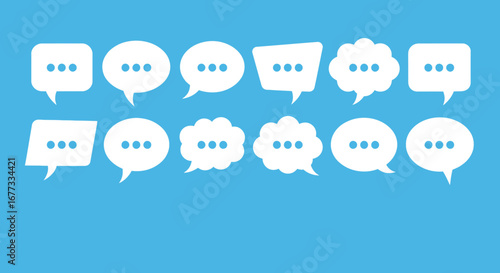 Collection of diverse white speech bubbles, each with three dots, arranged on a blue background.