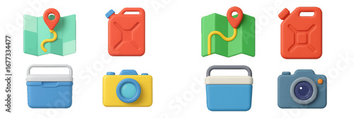 Travel Icons: Map, Gas Can, Cooler, Camera. Modern 3D Icon Set