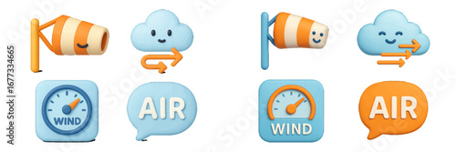 Weather icons: windsock, cloud with arrows, anemometer, air speech bubble. Modern 3D Icon Set