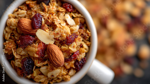 wholesome granola close up top view spilling with almonds and dried fruits representing crunchy cereal healthy breakfast option organic diet nutritious food and morning meal lifestyle