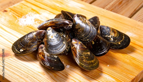 Fresh mussels on a wooden board (1)