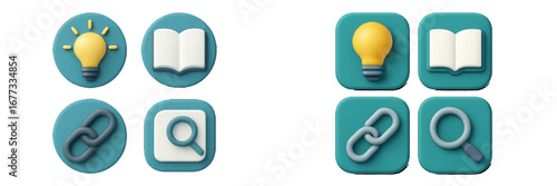 Four 3D icons: light bulb, book, chain link, magnifying glass on teal backgrounds. Modern 3D Icon Set