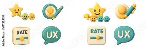 Customer feedback and user experience rating icons with stars and emoticons. Modern 3D Icon Set