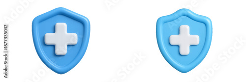 Blue shield with white cross, medical protection symbol. Modern 3D Icon Set