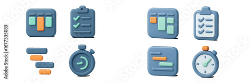 Project Management Icons: Gantt Chart, Checklist, Stopwatch. Modern 3D Icon Set