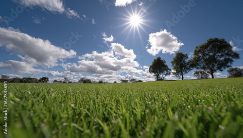 Vibrant green grassy field stretches to a horizon of trees under a bright sun and scattered fluffy clouds in a vivid blue sky