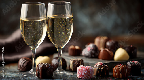 a couple of champagne glasses with chocolates on festive table symbolizing valentine romantic celebration sweet dessert sparkling drink luxury event holiday love and party toast