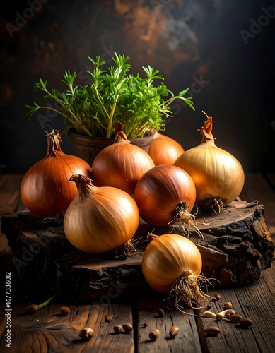 Fresh onions and herbs on rustic wood
