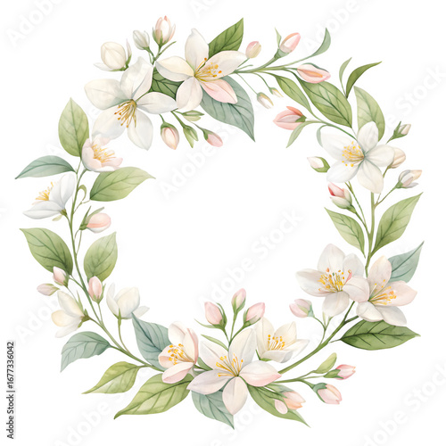 Delicate watercolor floral wreath with white jasmine flowers and green leaves on a black background