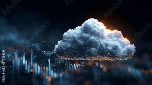 futuristic digital cloud with glowing encryption keys and analytical graphs in motion representing secure technology data protection cloud system online storage and cyber innovation