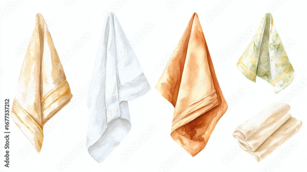 Naklejka premium A collection of watercolor towels in various colors including white, orange, and green, displayed in a hanging position
