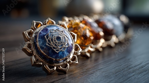 A golden, ornate flower-shaped pendant rests atop a dark wooden surface, showcasing a detailed, blue-toned gem design.