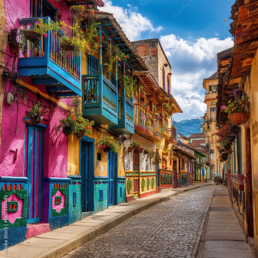 Fototapeta premium Colorful colonial street with vibrant buildings, flower-filled balconies, and cobblestone path under a bright blue sky