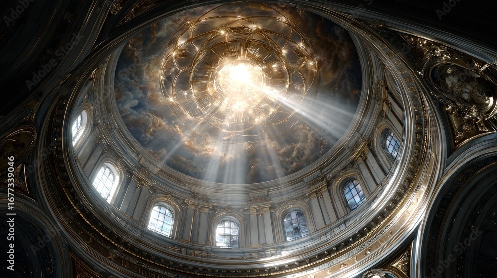 Obraz premium A magnificent, ornate dome interior, bathed in radiant light, showcasing intricate details and a sense of grandeur.