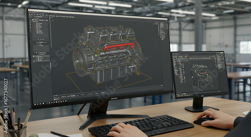 Engineering Design at Work: An engineer meticulously works on intricate 3D modeling designs, showcasing technological prowess and precision with detailed graphics on multiple monitors.