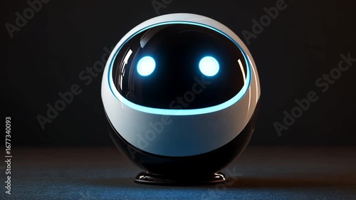 A futuristic, spherical robot with glowing eyes, presented on a dark background.