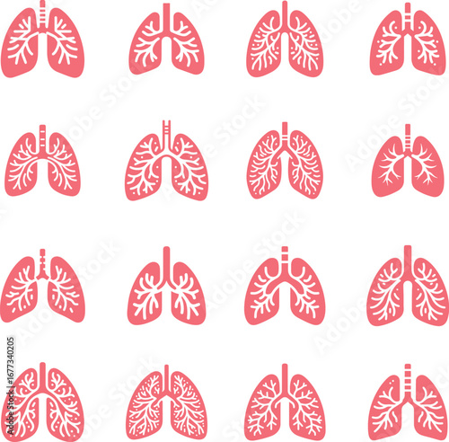 Vibrant pink lung icons symbolizing health, breathing, and medical care in a clean design icon set