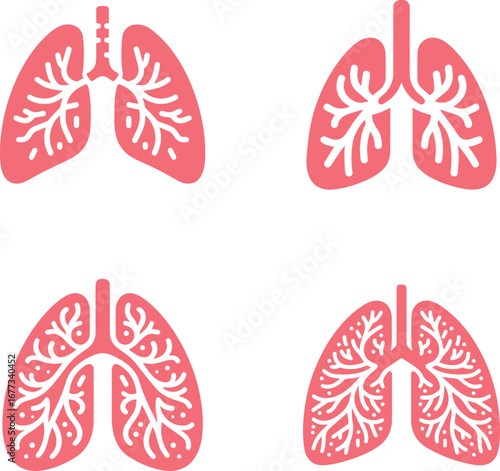 Vibrant pink lung icons symbolizing health, breathing, and medical care in a clean design icon set