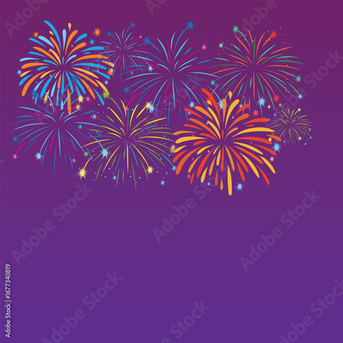 Firework vector background. Celebrate pattern with simple flat golden fireworks, sparks, explosions in night sky. Modern illustration for new year, anniversary, winner, birthday celebration.