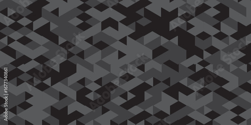 Abstract geometric black and gray background seamless mosaic and low polygon triangle texture wallpaper. Triangle shape retro wall grid pattern geometric ornament tile vector square element design.
