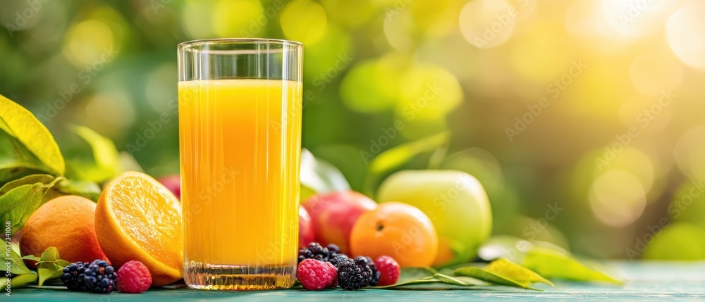 Fototapeta premium A glass of fresh orange juice surrounded by assorted fruits on a vibrant, sunlit outdoor table with a blurred green background
