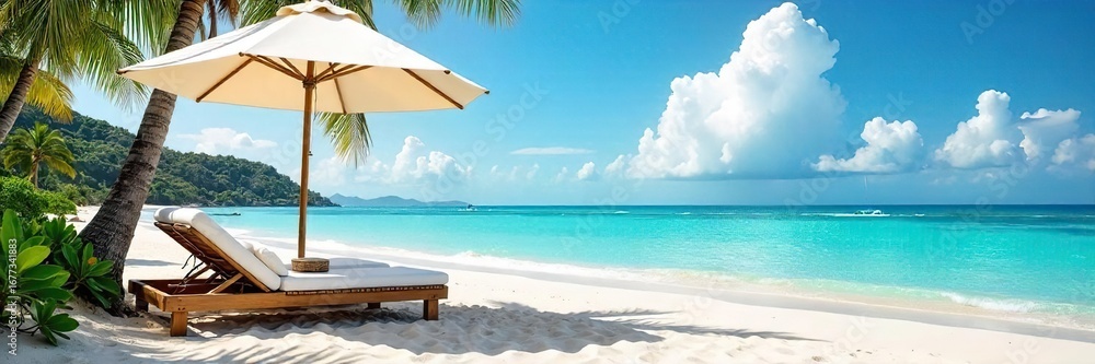 Fototapeta premium Relaxing beach scene with comfortable beds positioned under a large beach umbrella offering shade and comfort , calm, peaceful, sky