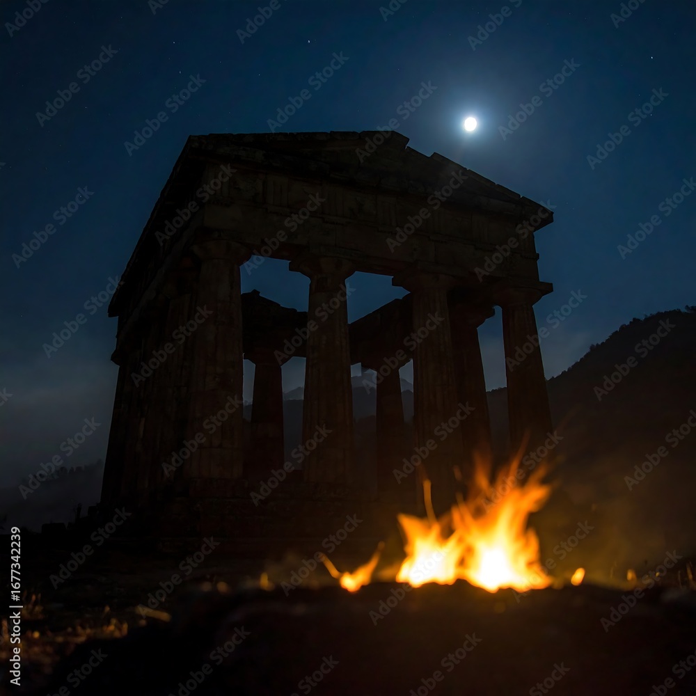 Fototapeta premium Ancient temple at night, fire in foreground