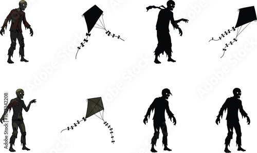 Zombie character holding kite, flying spooky kite outdoors, undead silhouette and colored versions, horror fantasy theme, creepy Halloween illustration