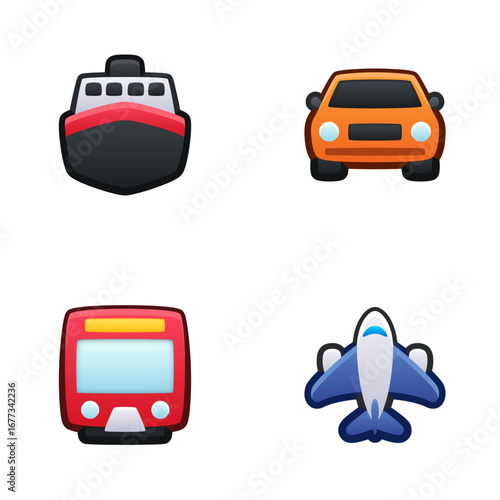 Transport icon set. Isolated vector illustration of mobile game sprites. Design for stickers, logo, mobile app. Arcade or match 3 2d graphics game asset. Flat 3d item sprites sheet.