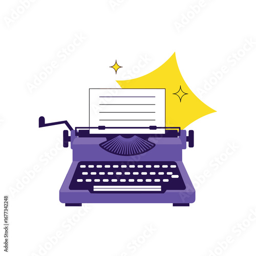 Crafting engaging content with a vibrant purple typewriter and sparkly accents for creative writing