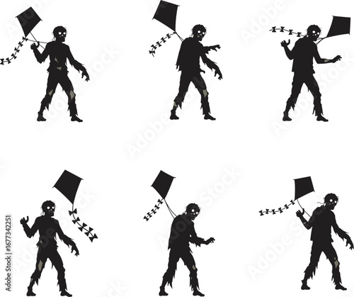 Zombie holding kite flying in different poses, undead silhouette with tattered clothes, spooky horror theme, creepy outdoor activity, eerie fantasy illustration