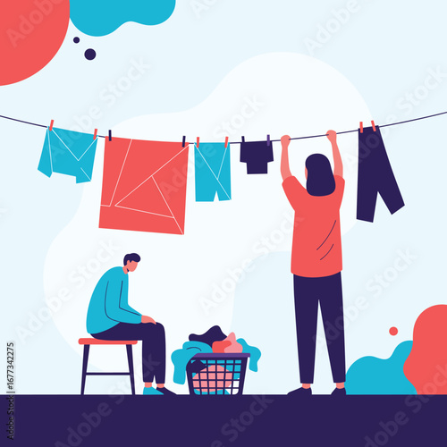 Couple hangs laundry on clothesline on a sunny day chore routine home life family activities household tasks outdoor chores daily life