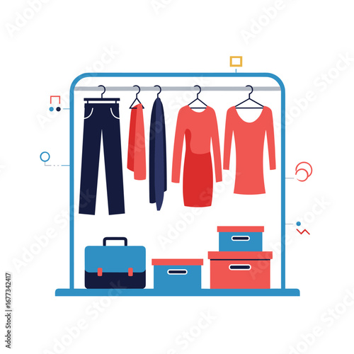 Organized wardrobe display with clothing racks boxes and accessories for efficient space management