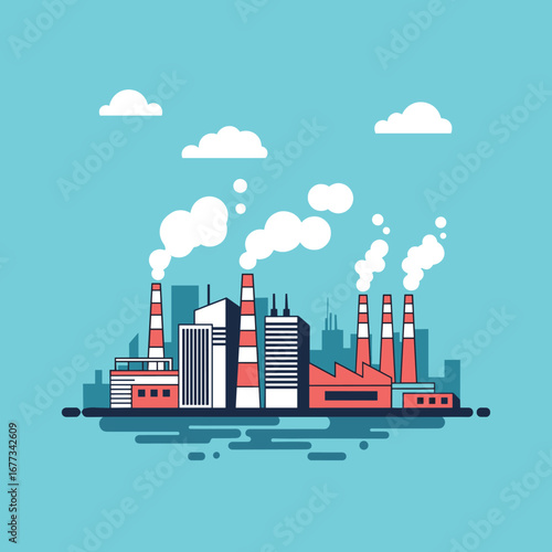 Industrial landscape with smokestacks emitting white plumes under a blue sky