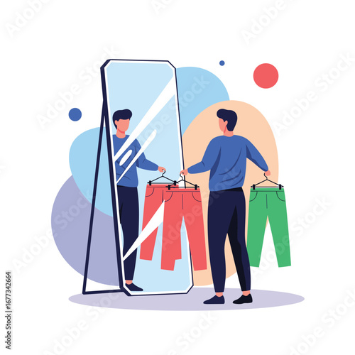 Man choosing trousers in front of a mirror trying to decide what to wear for a stylish look