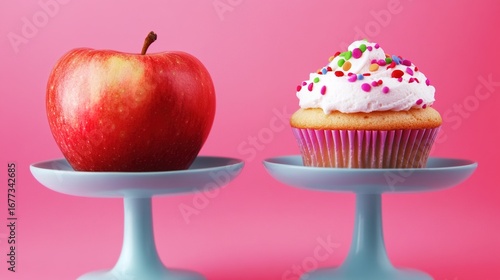 Apple And Cupcake: Visual Element Of Dietary Balance And Healthy Choice