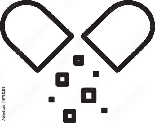 Capsule breaking into tiny data points line vector icon