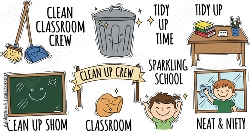 Illustration depicting a clean classroom crew with cleaning supplies, tidy desks, and happy students. School cleanliness, tidy classroom, education, kids, cleaning, tidy up.