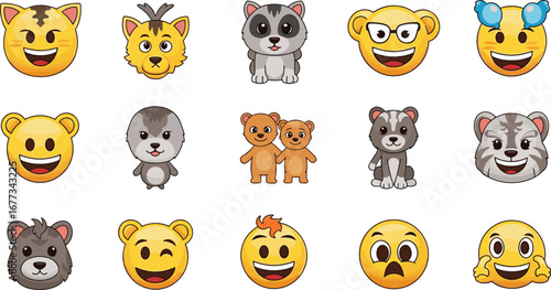 Cartoon animal emoticons show various expressions. Funny, cute, happy, cheerful, joyful, playful, friendship, diverse, illustration, animation, emoji, expression.