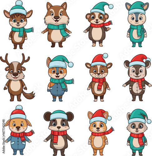 Cartoon animals wear hats and scarves. Cute winter characters, christmas, festive, holiday, collection, design, wildlife, woodland, cheerful