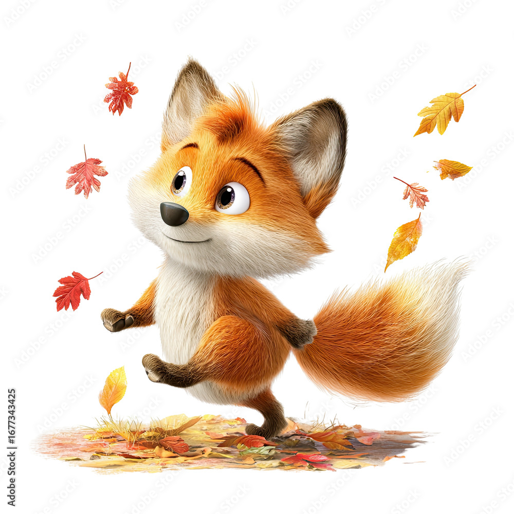 Fototapeta premium Animated fox character playing and jumping in autumn leaves 