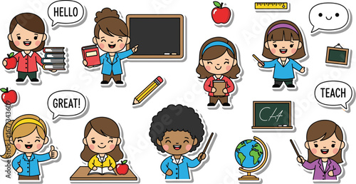 Cartoon teachers teach diverse subjects. Education, learning, school, teachers, kids, classroom, study, elementary, students, knowledge, teaching, lessons, world
